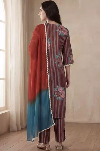 Women Striped Regular Thread Work Pure Cotton Kurta with Trousers & With Dupatta