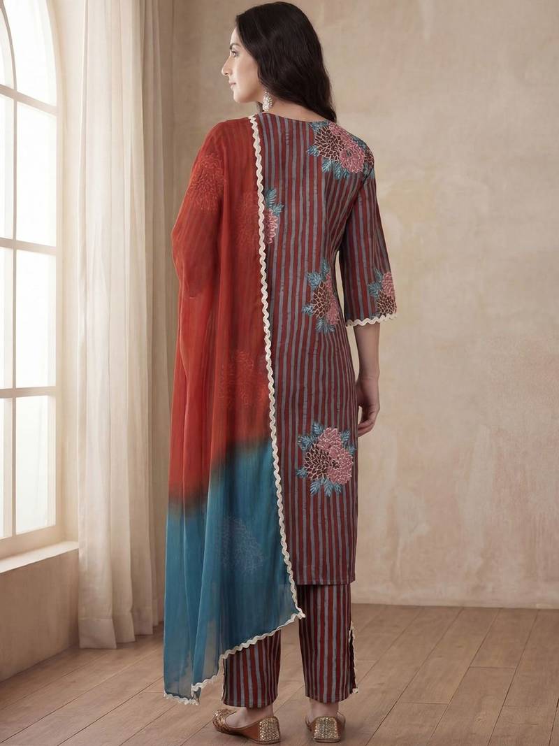 Women Striped Regular Thread Work Pure Cotton Kurta with Trousers & With Dupatta