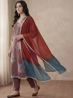 Women Striped Regular Thread Work Pure Cotton Kurta with Trousers & With Dupatta 3