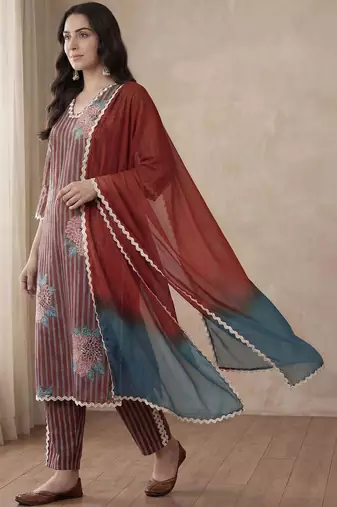 Women Striped Regular Thread Work Pure Cotton Kurta with Trousers & With Dupatta