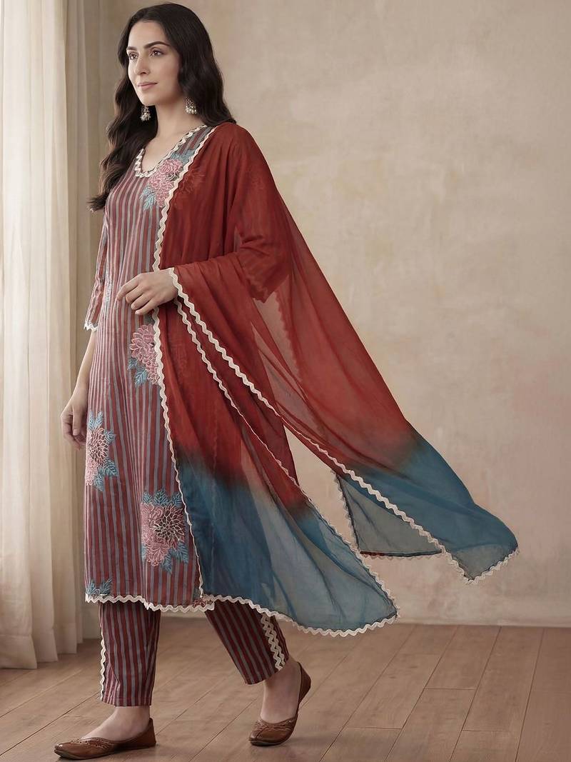 Women Striped Regular Thread Work Pure Cotton Kurta with Trousers & With Dupatta