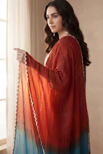 Women Striped Regular Thread Work Pure Cotton Kurta with Trousers & With Dupatta