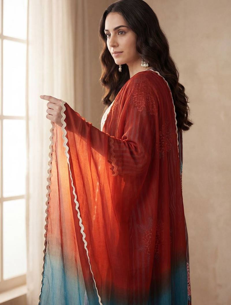 Women Striped Regular Thread Work Pure Cotton Kurta with Trousers & With Dupatta