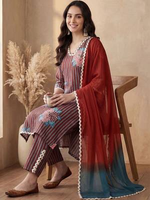 Women Striped Regular Thread Work Pure Cotton Kurta with Trousers & With Dupatta 6
