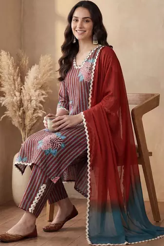 Women Striped Regular Thread Work Pure Cotton Kurta with Trousers & With Dupatta
