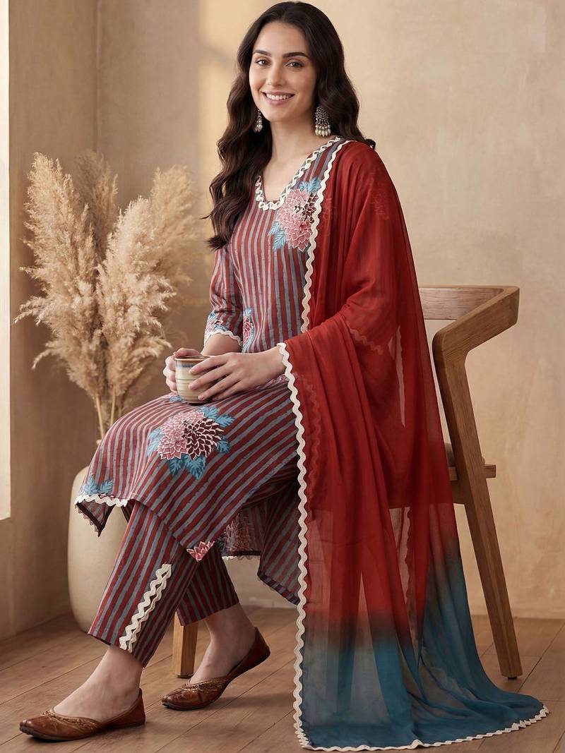 Women Striped Regular Thread Work Pure Cotton Kurta with Trousers & With Dupatta