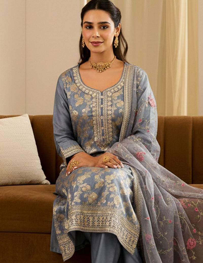 Women Ethnic Motifs Thread Work Kurta with Trousers & With Dupatta