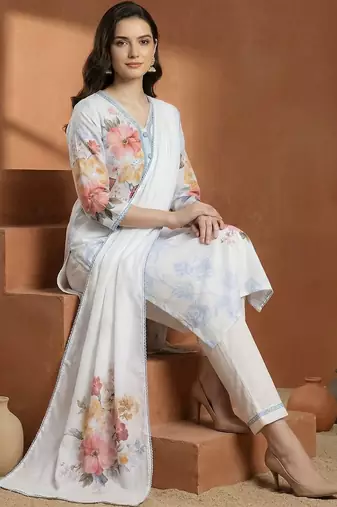 Women Floral Printed Regular Beads and Stones Linen Kurta with Trousers & With Dupatta