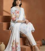 Women Floral Printed Regular Beads and Stones Linen Kurta with Trousers & With Dupatta
