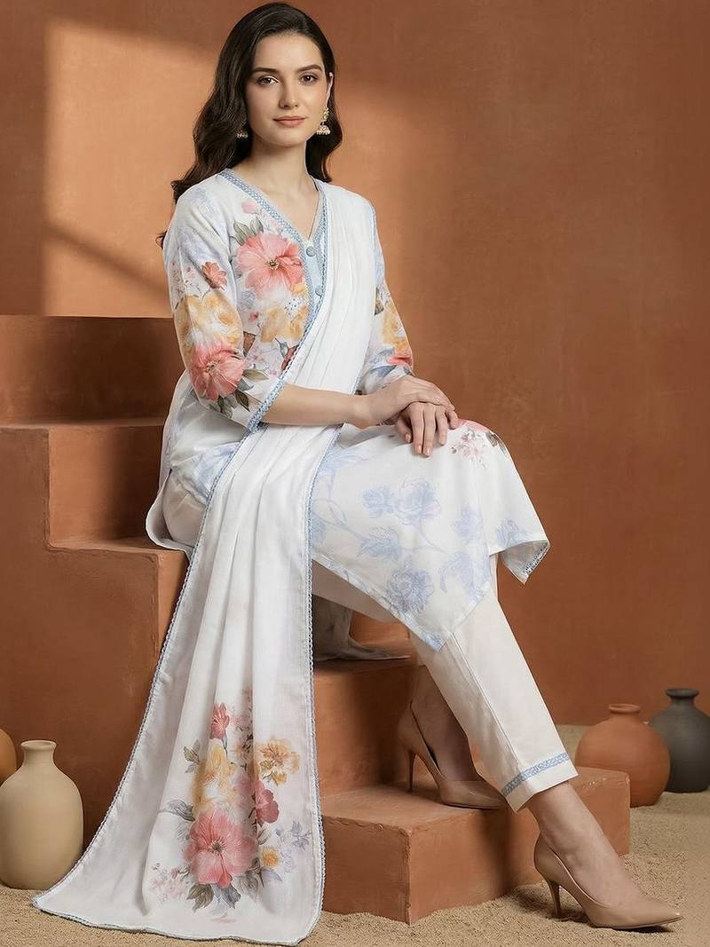 Women Floral Printed Regular Beads and Stones Linen Kurta with Trousers & With Dupatta