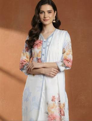 Women Floral Printed Regular Beads and Stones Linen Kurta with Trousers & With Dupatta 2