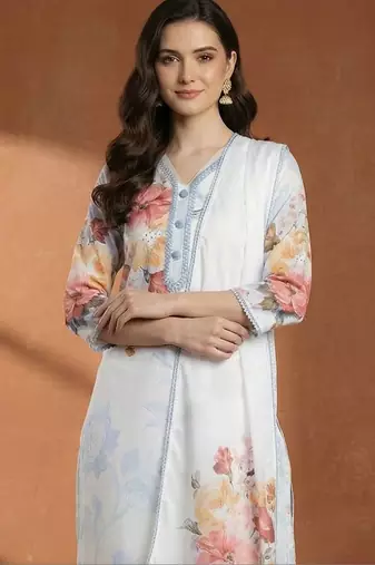 Women Floral Printed Regular Beads and Stones Linen Kurta with Trousers & With Dupatta
