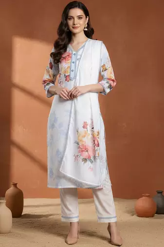 Women Floral Printed Regular Beads and Stones Linen Kurta with Trousers & With Dupatta