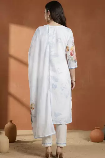 Women Floral Printed Regular Beads and Stones Linen Kurta with Trousers & With Dupatta
