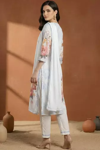 Women Floral Printed Regular Beads and Stones Linen Kurta with Trousers & With Dupatta