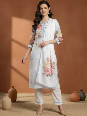 Women Floral Printed Regular Beads and Stones Linen Kurta with Trousers & With Dupatta 6
