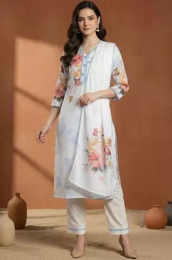 Women Floral Printed Regular Beads and Stones Linen Kurta with Trousers & With Dupatta