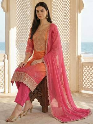 Women Ethnic Motifs Printed Regular Thread Work Kurta with Trousers & With Dupatta 5