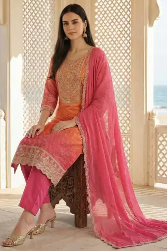 Women Ethnic Motifs Printed Regular Thread Work Kurta with Trousers & With Dupatta