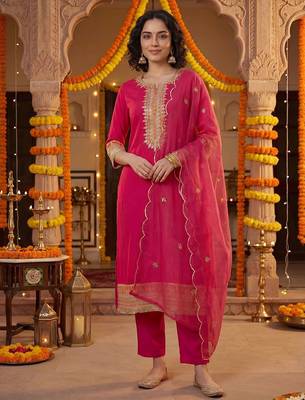 Women Ethnic Motifs Embroidered Regular Thread Work Kurta with Trousers & With Dupatta 1