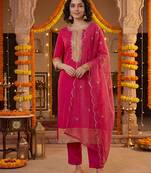 Women Ethnic Motifs Embroidered Regular Thread Work Kurta with Trousers & With Dupatta