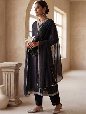 Women Ethnic Motifs Embroidered Angrakha Thread Work Kurta with Trousers & With Dupatta 1