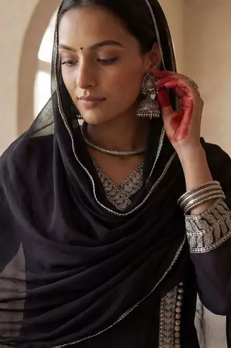 Women Ethnic Motifs Embroidered Angrakha Thread Work Kurta with Trousers & With Dupatta