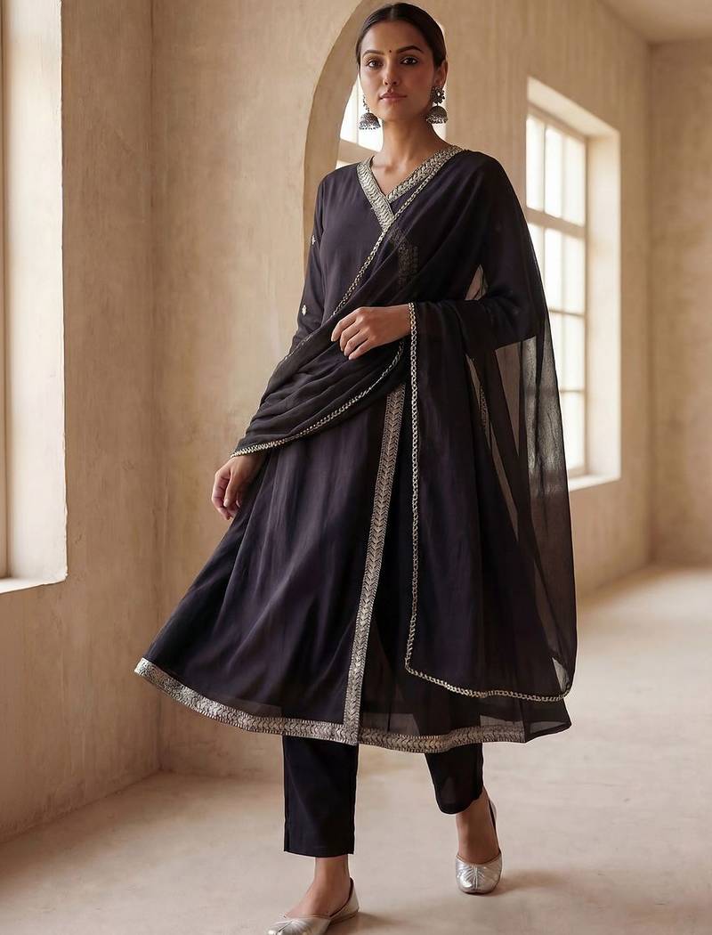 Women Ethnic Motifs Embroidered Angrakha Thread Work Kurta with Trousers & With Dupatta