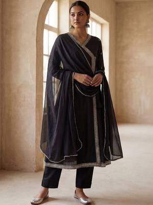 Women Ethnic Motifs Embroidered Angrakha Thread Work Kurta with Trousers & With Dupatta 7