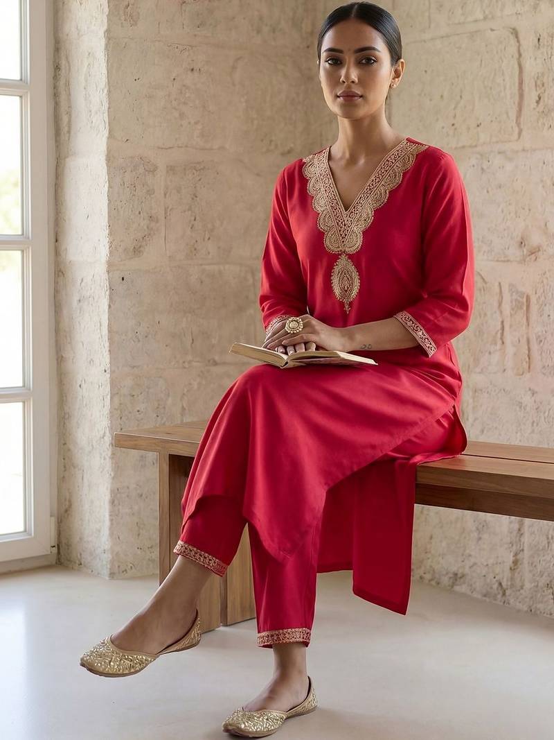 Women Ethnic Motifs Embroidered Regular Thread Work Liva Kurta with Trousers
