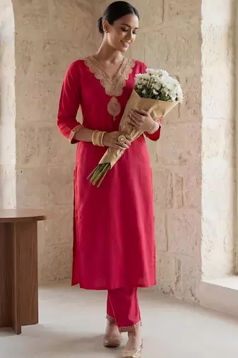 Women Ethnic Motifs Embroidered Regular Thread Work Liva Kurta with Trousers