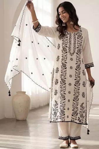 Women Ethnic Motifs Embroidered Regular Thread Work Kurta with Trousers & With Dupatta