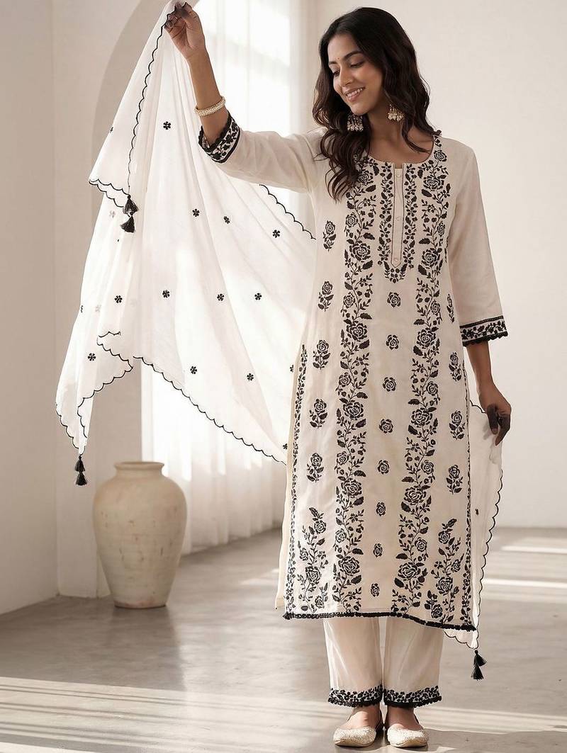 Women Ethnic Motifs Embroidered Regular Thread Work Kurta with Trousers & With Dupatta