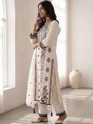 Women Ethnic Motifs Embroidered Regular Thread Work Kurta with Trousers & With Dupatta 5