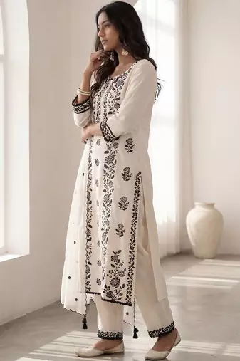 Women Ethnic Motifs Embroidered Regular Thread Work Kurta with Trousers & With Dupatta