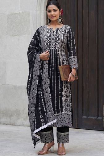 Women Ethnic Motifs Embroidered Panelled Thread Work  Cotton Kurta with Trousers & With Dupatta