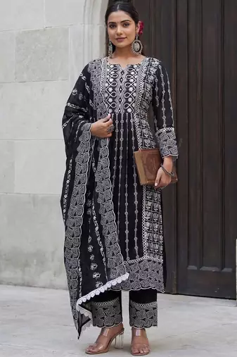 Women Ethnic Motifs Embroidered Panelled Thread Work Pure Cotton Kurta with Trousers & With Dupatta
