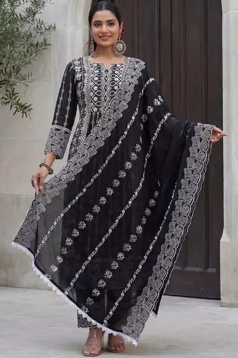 Women Ethnic Motifs Embroidered Panelled Thread Work Pure Cotton Kurta with Trousers & With Dupatta