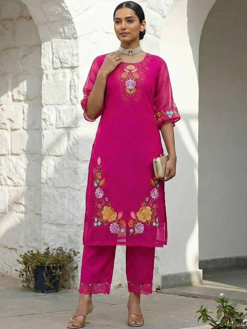 Women Floral Embroidered Regular Thread Work Kurta with Trousers & With Dupatta