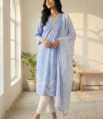 Women Floral Printed Regular Thread Work Linen Kurta with Trousers & With Dupatta