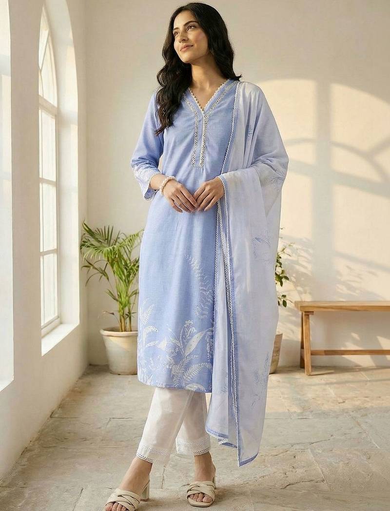 Women Floral Printed Regular Thread Work Linen Kurta with Trousers & With Dupatta