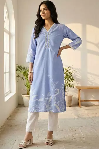 Women Floral Printed Regular Thread Work Linen Kurta with Trousers & With Dupatta