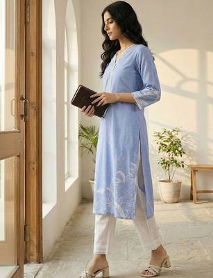 Women Floral Printed Regular Thread Work Linen Kurta with Trousers & With Dupatta 7