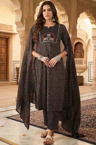 Women Ethnic Motifs Printed Regular Thread Work Pure Cotton Kurta with Trousers & With Dupatta