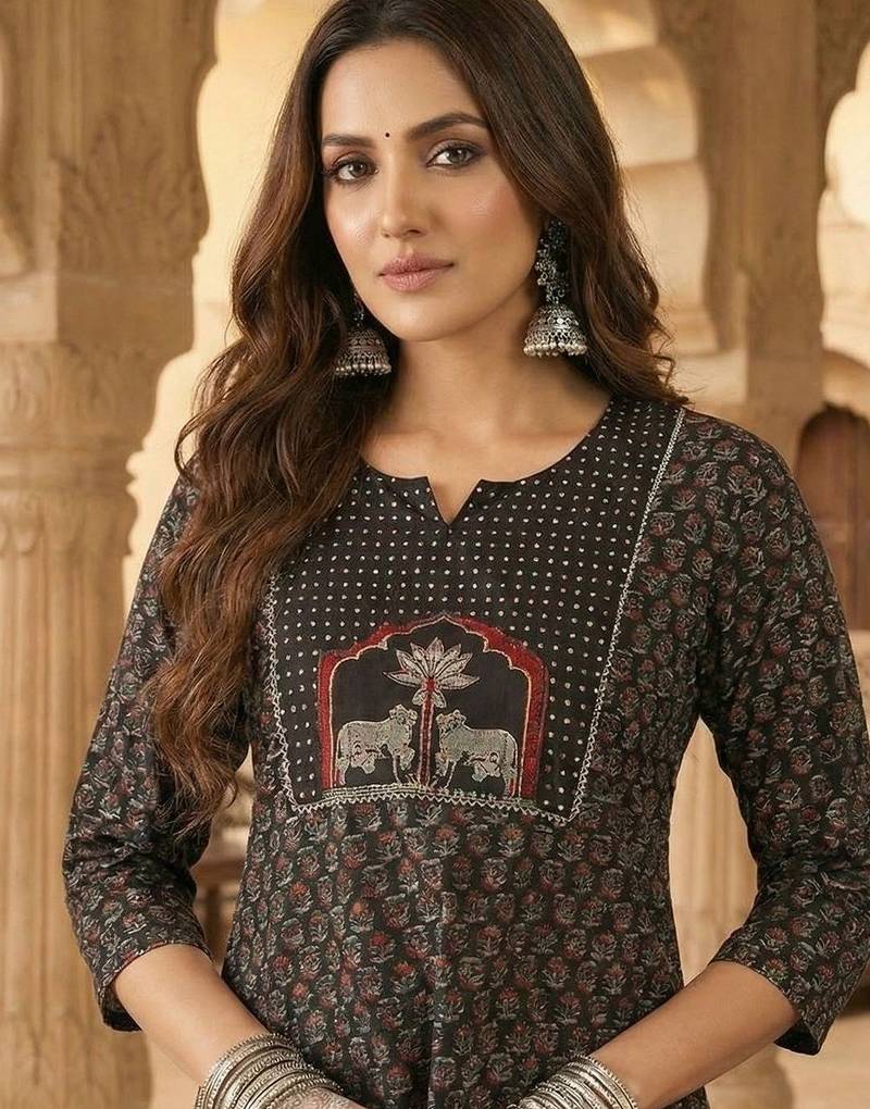 Women Ethnic Motifs Printed Regular Thread Work Pure Cotton Kurta with Trousers & With Dupatta