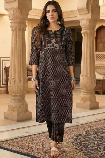 Women Ethnic Motifs Printed Regular Thread Work Pure Cotton Kurta with Trousers & With Dupatta