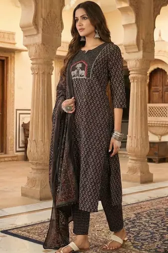Women Ethnic Motifs Printed Regular Thread Work Pure Cotton Kurta with Trousers & With Dupatta