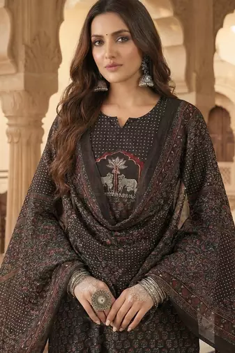 Women Ethnic Motifs Printed Regular Thread Work Pure Cotton Kurta with Trousers & With Dupatta