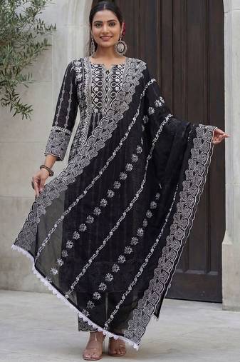 Women Ethnic Motifs Embroidered Regular Thread Work  Cotton Kurta with Trousers & With Dupatta