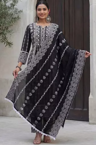 Women Ethnic Motifs Embroidered Regular Thread Work Pure Cotton Kurta with Trousers & With Dupatta
